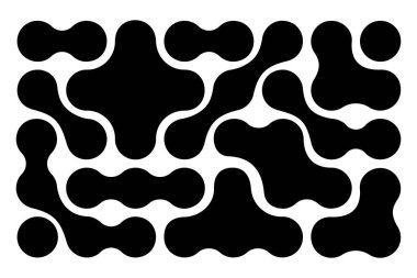 Metal ya da moleküler kalıp. Beyaz arka planda siyah şekilli dairesel şekiller izole edilmiş. Organik kabarcıklar veya noktalar. Modern soyut duvar kağıdı. DNA ya da nöron ağı. Vektör grafik illüstrasyonu.