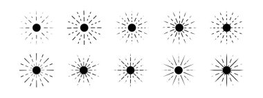Güneş patlaması ikonları. Beyaz arka planda izole edilmiş güneş ışınları sembolleri. Güneş enerjisi işaretleri. Güneş ışığı, güneş ışığı veya piktogramlar. Dekoratif tasarım elementleri. Vektör grafik illüstrasyonu.