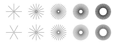 Dairesel şekillerde düz dairesel çizgiler. Güneş ışınları ikonları. Güneş işaretleri. Işık, dönüş, patlama ya da beyaz arka planda izole edilmiş havai fişek sembolleri. Vektör grafik illüstrasyonu.