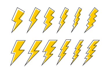 Yıldırım simgeleri seti. Beyaz arka planda ışık işaretleri izole edildi. Elektrik, enerji, güç ya da pil şarj sembolleri. Tehlikeli, tehlikeli ya da güçlü bir resim. Vektör grafik illüstrasyonu.
