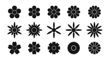 Farklı çiçek ikonları seti. Daisy, kasımpatı ya da Gerbera siluetleri beyaz arka planda izole edilmiş. Çiçek tasarım elementlerinin toplanması. Bahar ya da yaz konsepti. Vektör grafik illüstrasyonu.