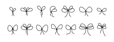 Hediyeler için kurdele. Beyaz arkaplanda izole edilmiş mevcut kutular için coquette düğümleri. Kartlar, posterler ve afişler için dekoratif tasarım unsurları. Vektör grafik illüstrasyonu.