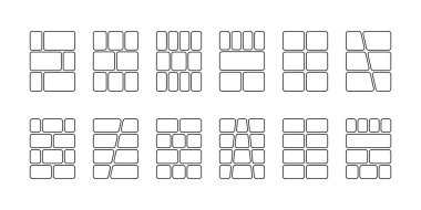 Çizgi roman şablonları. Anime sayfası panelleri beyaz arkaplanda izole edildi. Manga çizelgesi. Moodboard, fotoğraf kolajı, poster ya da eskiz defteri için planlar. Vektör grafik illüstrasyonu.