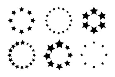 Beyaz zemin üzerinde izole edilmiş bir daire şeklinde dizilmiş yıldızlı yuvarlak çerçeveler. Ödül, başarı ya da ödül pankartı. Boş uzay ile yıldız yüzüğü amblemi. Vektör grafik illüstrasyonu.