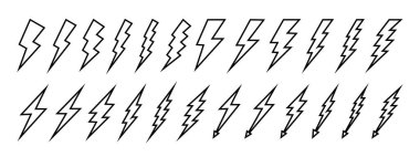 Yıldırım simgeleri seti. Beyaz arka planda yıldırım işaretleri izole edildi. Işık, enerji, elektrik veya pil şarj sembolleri. Tehlike, güç ya da hız grafikleri. Vektör özet çizimi.