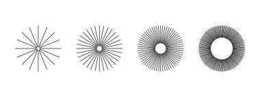 Yuvarlak şekilli düz radyal çizgiler. Havai fişek ikonları. Güneş ışınları piktogramlar. Güneş ışığı işaretleri. Beyaz arka planda izole edilmiş parlaklık, enerji veya patlama sembolleri. Vektör grafik illüstrasyonu.