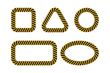 Beyaz arkaplanda izole edilmiş uyarı bandı kenarlı çerçeveler. Dikkat, kaza, dur ya da güvenlik işareti. Yasak, yasak ya da uyarı pankartları. Vektör düz resimleme.