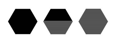 Siyah, yarım çizgili ve çizgili altıgenler. Çizgili çokgen şekilleri. Minimalist tasarım elementleri beyaz arkaplanda izole edildi. Vektör grafik illüstrasyonu.