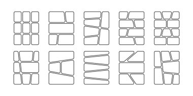 Çizgi roman şablonları. Anime sayfası panelleri beyaz arkaplanda izole edildi. Manga çizelgesi. Fotoğraf kolajı, dergi, poster ya da ahşap çizimler. Vektör grafik illüstrasyonu.