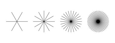 Düz radyal çizgiler. Beyaz arka planda izole edilmiş güneş ışınları ikonları. Işık, enerji, patlama ya da havai fişek sembolleri. Vektör grafik illüstrasyonu.