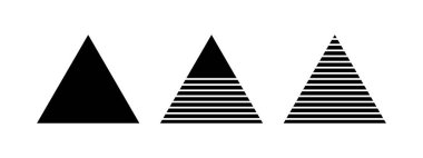 Siyah bir bütün, çizgili ve yarım çizgili üçgenler beyaz arka planda izole edilmiş. Piramit şekilleri. Minimalist geometrik elementler. Vektör grafik illüstrasyonu.