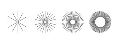 Düz radyal çizgiler. Beyaz arka planda izole edilmiş güneş ışınları ikonları. Parılda ya da parılda. Işık, patlama ya da havai fişek sembolleri. Vektör grafik illüstrasyonu.