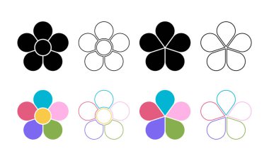 5 yaprak ve çekirdekli çiçek siluetleri. Çiçekli pasta grafiği beyaz arka planda izole edilmiş yaprak şekillerinde beş eşit parçaya bölünmüştür. Vektör grafik illüstrasyonu.
