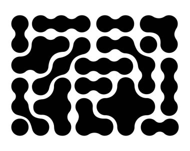 Metal deseni. Akışkan damlalar veya biçimsiz şekiller arka plan. Beyaz arka planda izole edilmiş organik kabarcıklar, nöronlar veya moleküller. Noktaları birleştirilmiş modern soyut baskı. Vektör grafik illüstrasyonu.