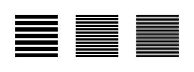 Siyah çizgili kare şekiller beyaz arkaplanda izole edilmiş. Çizgili geometrik formlar. Minimalist tasarım elementleri. Panjurlar ya da kepenkler. Vektör grafik illüstrasyonu.