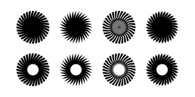 Vites diski siluetleri. Güneş sembolleri. Yuvarlak girdap simgeleri. Pervane, pervane, fırıldak ya da fırıldak oyuncağı, solunum cihazı işaretleri beyaz arka planda izole edilmiş. Vektör grafik illüstrasyonu.