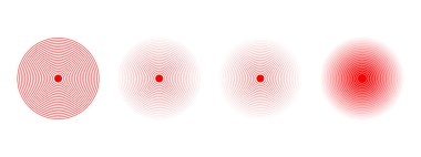 Kırmızı eşmerkezli çemberler. Acı yerelleştirme simgeleri. Ağrı, ağrı ya da iltihap sembolleri. Nabız ya da titreşim işaretleri. Radar ya da ses dalgası piktogramları beyaz arkaplanda izole edildi. Vektör illüstrasyonu.