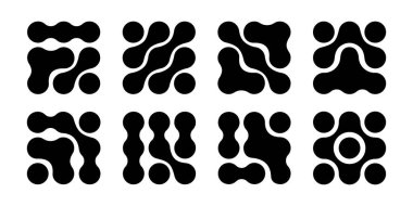 Metaball dokuları. Bağlı sıvı damlaları, yuvarlak noktalar veya şekil şekilleri. Beyaz arka planda izole edilmiş organik kabarcıklar, nöronlar veya moleküller. Modern soyut baskılar. Vektör grafik illüstrasyonu.