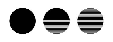 Siyah bir bütün, çizgili ve yarım çizgili daireler beyaz arka planda izole edilmiş. Yuvarlak şekiller. Denizin üzerinde gün doğumu ya da gün batımı. Minimalist geometrik elementler. Vektör grafik illüstrasyonu.