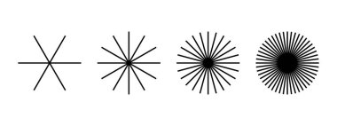 Düz radyal çizgiler dizisi. Beyaz arka planda izole edilmiş güneş ışınları ikonları koleksiyonu. Işık, patlama, kar tanesi ya da havai fişek sembolleri. Vektör grafik illüstrasyonu.
