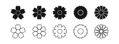 Çeşitli çiçek ikonları seti. Camomile, kasımpatı ya da Gerbera siluetleri beyaz arka planda izole edilmiş. Çiçek tasarım elementlerinin toplanması. Bahar ya da yaz konsepti. Vektör grafik illüstrasyonu.