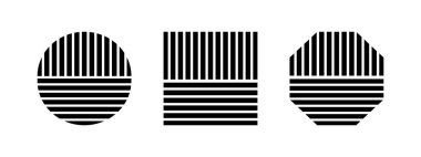 Çizgili yuvarlak, kare ve sekizgen formlar. Siyah çizgili geometrik şekiller beyaz arkaplanda izole edilmiş. Minimalist tasarım elementleri. Vektör grafik illüstrasyonu.