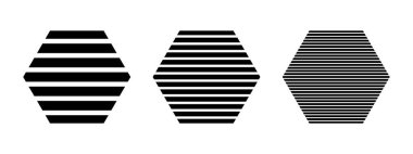 Siyah çizgili altıgen şekilleri beyaz arkaplanda izole edilmiş. Çizgili temel geometrik formlar. Minimalist tasarım elementleri. Vektör grafik illüstrasyonu.