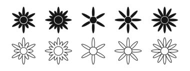 Bir çiçek ikonu seti. Camomile, kasımpatı veya gerbera siluetleri ve beyaz arka planda izole edilmiş hatlar. Çiçek tasarım elementleri. Bahar ya da yaz konsepti. Vektör grafik illüstrasyonu.