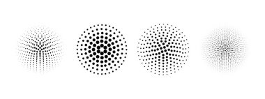Yarım ton efektli noktalı daireler. Beyaz arkaplanda izole edilmiş puantiyeli yuvarlak şekiller koleksiyonu. Basit dairesel tasarım elementleri. Vektör grafik illüstrasyonu.