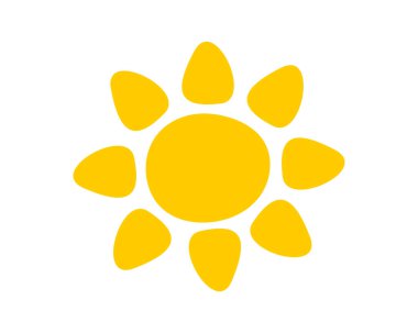 Beyaz arka planda izole edilmiş sevimli çocuksu güneş silueti. Güneş ışığı, güneş ışığı ya da güneş ışığı işareti. Yaz temalı sembol. Mutlu pozitif titreşimler konsepti. Vektör düz resimleme.