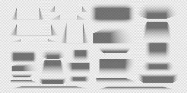 Dikdörtgen ambalaj kutusu, poster, web afişi ya da kart gölge efektleri. Farklı bulanık gri şekiller. Şeffaf arkaplanda yumuşak gölgeler izole edildi. Vektör gerçekçi illüstrasyon.