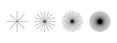 Düz radyal çizgilerin toplanması. Beyaz arka planda izole edilmiş güneş ışınları ikonları. Işık, patlama ya da havai fişek sembolleri. Güneş ışığı, güneş ışığı veya güneş ışığı şekilleri. Vektör grafik illüstrasyonu.