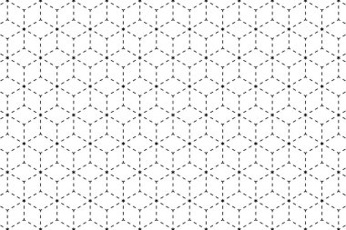 Parçalanmış küp şekilleri. Üç boyutlu projeksiyonda tekrarlanan noktalı kareler. Kesik çizgileri olan mozaik doku. Minimalist soyut geometrik dikişler. Vektör grafik illüstrasyonu.