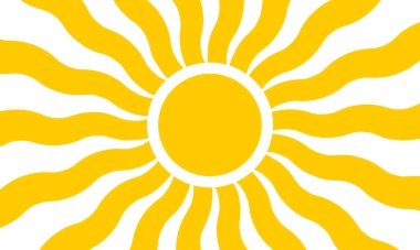 Dalgalı arka planı olan sarı güneş. Güneş ışığıyla, gün doğumuyla ya da günbatımıyla süslü bir poster. Güzel bir yaz teması. İyi titreşimler konsepti. Modern psikedelik baskı. Vektör düz resimleme.