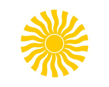 Harika bir güneş silueti. Dalgalı sarı güneşli ışınlar. Güneş ışığı, güneş ışığı ya da güneş ışığı işareti. Yaz temalı sembol. Modern psikedelik baskı. Mutlu pozitif titreşimler konsepti. Vektör düz resimleme.