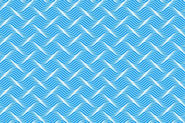 Dalgalar arka plan. Tekrarlanan mavi ve beyaz kıvrımlı çizgiler. Su izi. Okyanus, deniz ya da nehir deseni. Su dokusu. Deniz süsü. Yüzme havuzu ya da akvaryum sıvısı. Vektör düz resimleme.