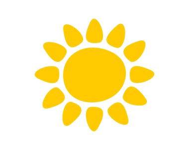 Beyaz arka planda izole edilmiş sevimli sarı çocuksu güneş silueti. Gün doğumu, gün doğumu ya da günbatımı işareti. Yaz temalı sembol. Pozitif titreşim konsepti. Vektör düz resimleme.