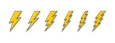 Sarı cıvata simgeleri seti. Beyaz arka planda izole edilmiş şimşek işaretleri. Şimşek siluetleri. Flaş ışığı, elektrik gücü, enerji, hız ya da pil şarj sembolleri. Vektör düz resimleme.