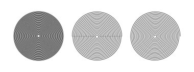 Eşmerkezli daireler ve sarmal şekil beyaz arka planda izole edilmiş. Hipnotik baskı. Basit geometrik formlar. Soundwave, tornado, huni ya da girdap işaretleri. Vektör grafik illüstrasyonu.