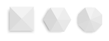 Beyaz çadırların üst görüntüsü. Kare şeklinde çardak şemsiyeleri, altıgen ve sekizgen şekilleri. Olay ya da plaj güneş gözlüğü. Pazar tepe örtüsü modelleri beyaz arka planda izole edildi. Vektör gerçekçi illüstrasyon.