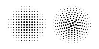 Yarım ton efektli noktalı daireler. Beyaz arka planda izole edilmiş benek izli yuvarlak şekiller. Pop sanat tasarımı. Delik dokular. Vektör grafik illüstrasyonu.
