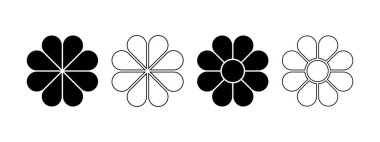 8 yaprak ve çekirdekli çiçek ikonları ve siluetleri. Çiçekli pasta grafiği beyaz arka planda izole edilmiş sekiz eşit yaprak parçasına bölünmüştür. Vektör grafik illüstrasyonu.