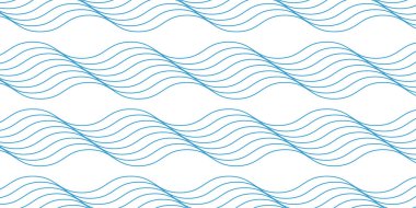 Dalgalar arka plan. Tekrarlanan mavi kıvrımlı çizgiler. Su izi. Okyanus, deniz, göl ya da nehir deseni. Su dokusu. Deniz süsü. Yaz temalı duvar kağıdı. Yüzme havuzu sıvısı. Vektör düz resimleme.