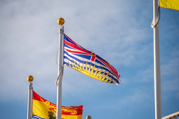Flag of British Columbia on flagpole against the blue sky