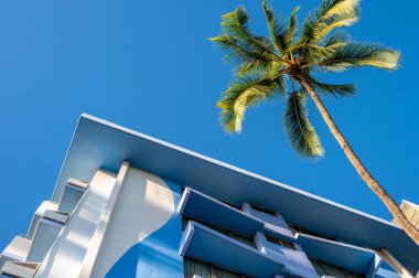 Honolulu, Hawaii - December 26, 2022: Artsy exterior of an apartment building in Waikiki painted blue.