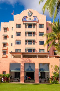 Honolulu, Hawaii - December 28, 2022:  Facade of the landmark  Royal Hawaiian Hotel.