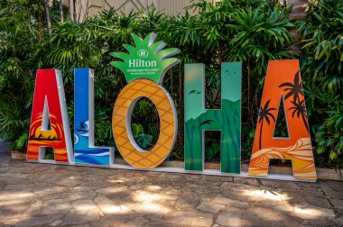 Honolulu, Hawaii - December 30, 2022: Aloha sign at the Hilton Hawaiian Village.