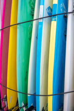 Honolulu, Hawaii - January 1, 2023: Surfboards lined up in storage in Waikiki.