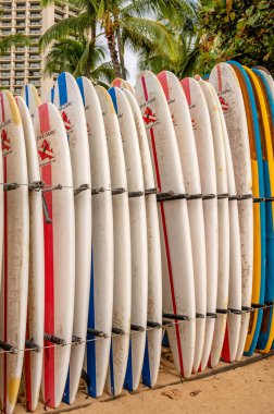 Honolulu, Hawaii - January 1, 2023: Surfboards lined up for rent  in Waikiki.