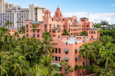 Honolulu, Hawaii - January 1, 2022: View of the Royal Hawaiian Hotel in Waikiki.